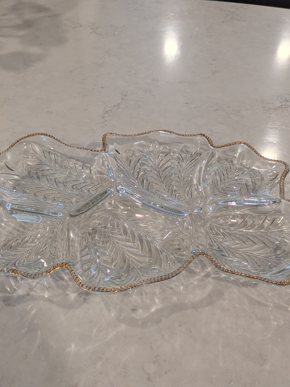 13 1/2 " Long x 10" Wide Crystal Divided For 6 Serving Tray with Gold Trim